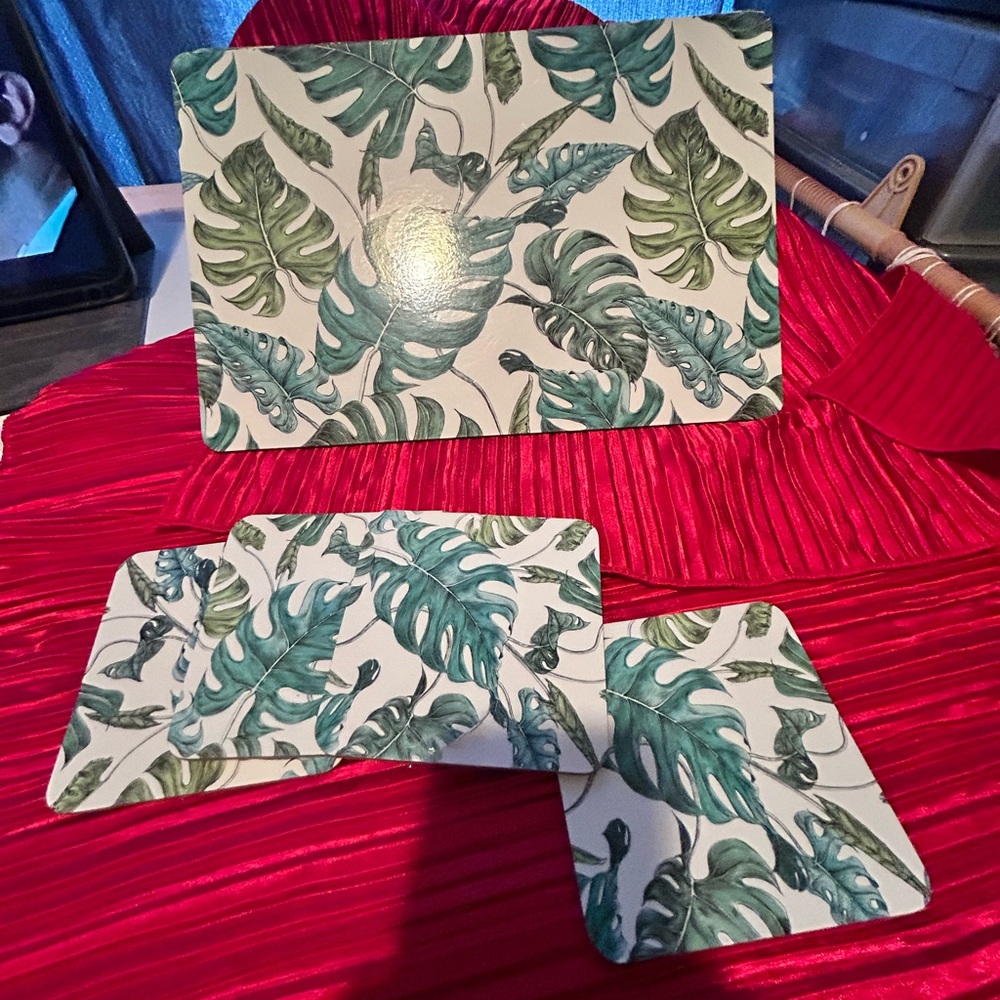 Tropical Leaf Print Placemats and Coasters Set
